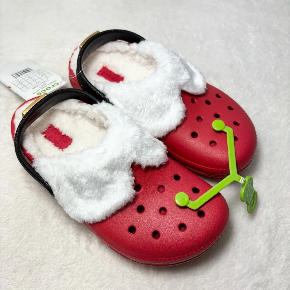 CROCS Classic Lined Santa Christmas‎ Red Clogs White Lining and Black Strap J2